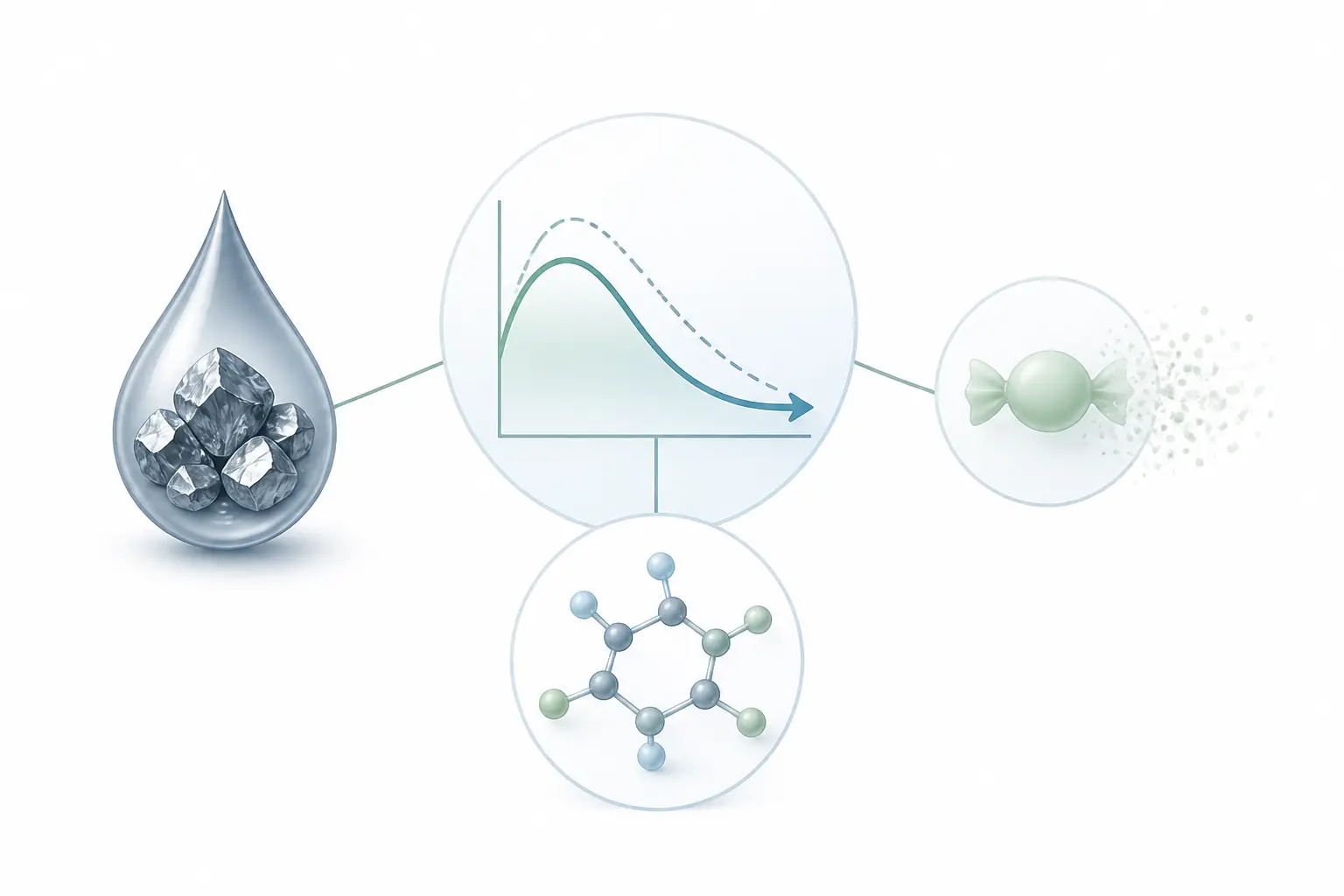 Chrome en complément alimentaire illustré par un minéral relié à la glycémie et à une molécule de glucose.