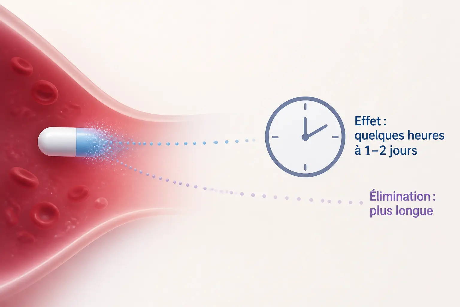 Schéma médical minimal montrant combien de temps un anti-inflammatoire reste dans le sang, avec pilule, horloge et traînée d’élimination.