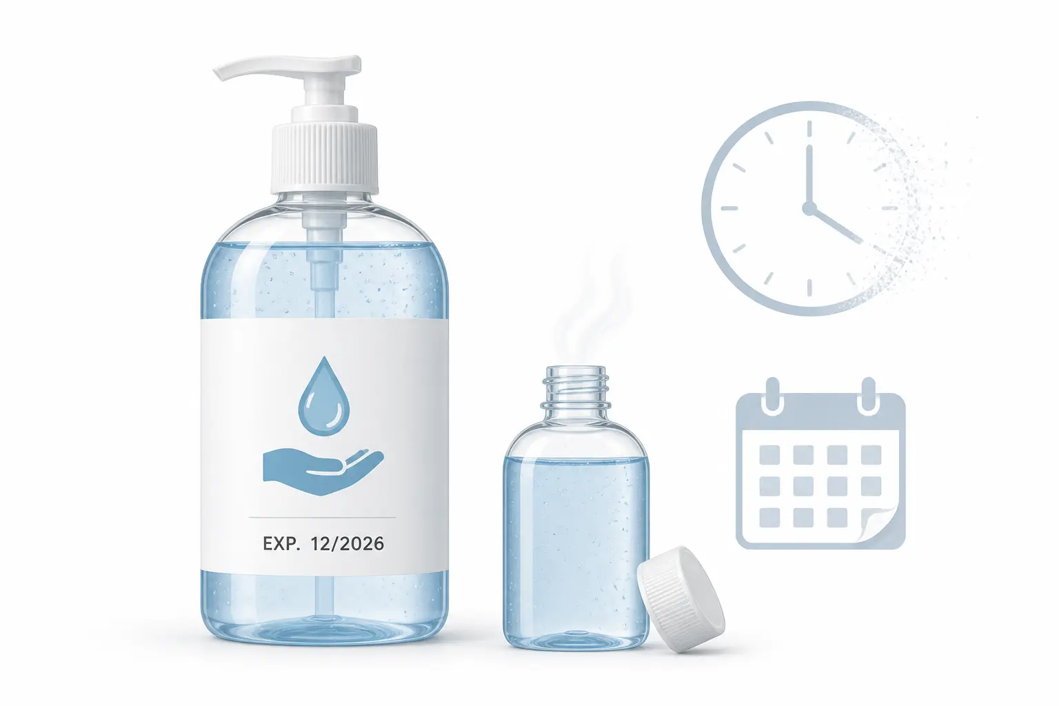 Gel hydroalcoolique périmé : flacon avec date de péremption, horloge discrète et second flacon ouvert