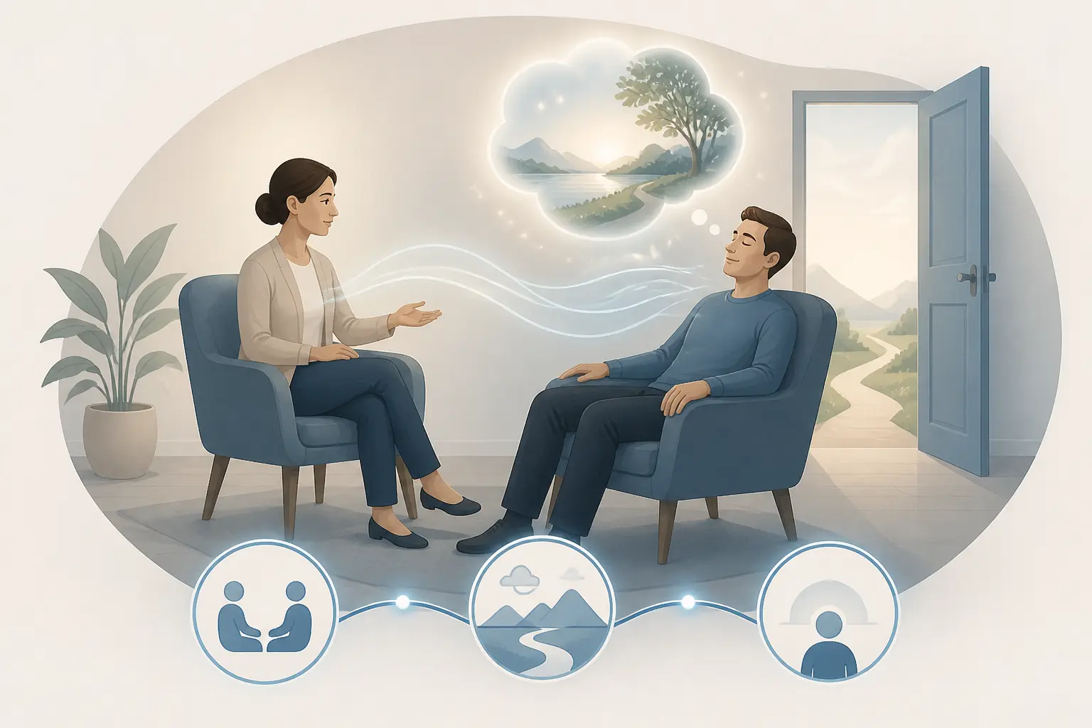 Hypnose ericksonienne danger : thérapeute calme et patient en dialogue, suggestion guidée et conscience modifiée