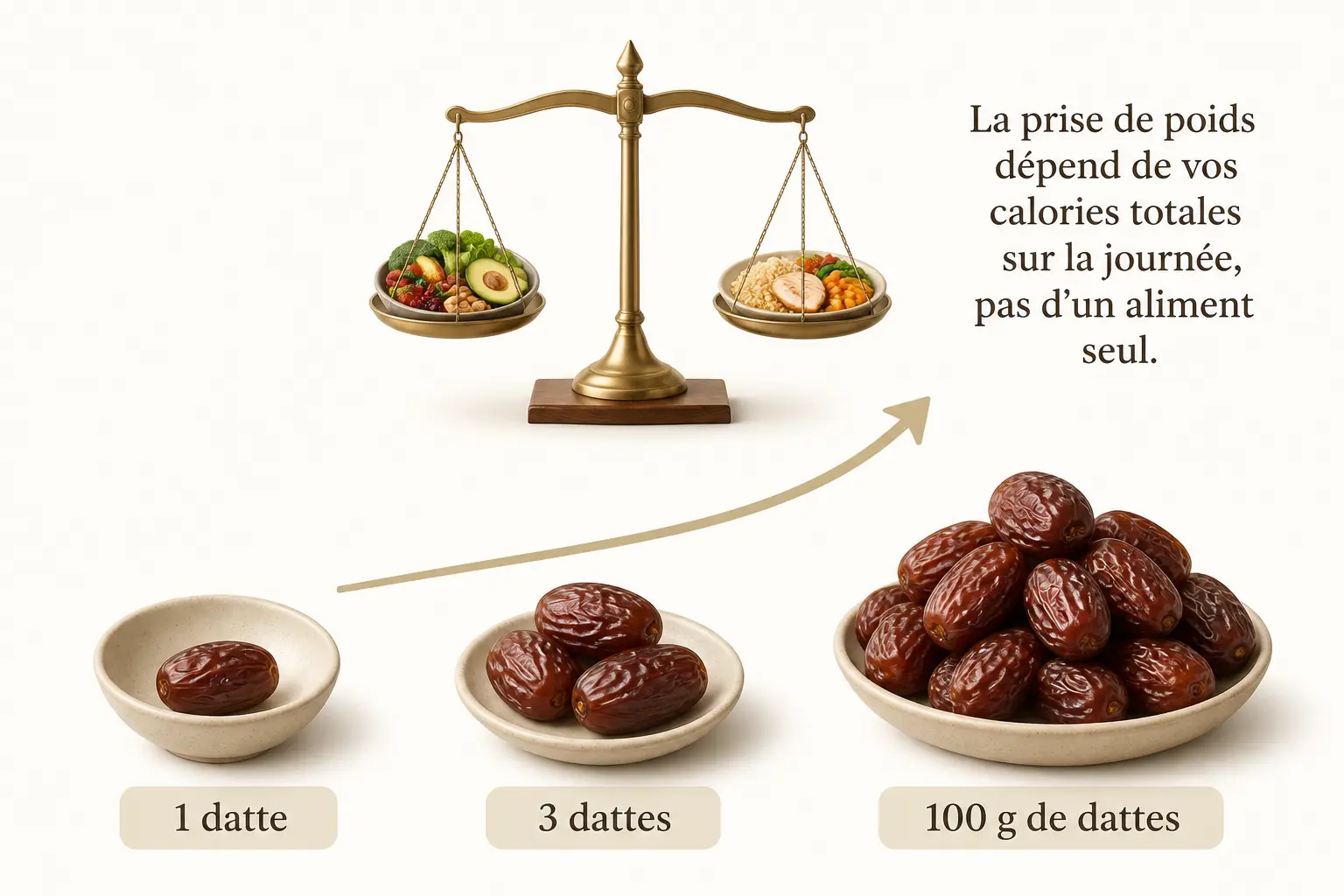 Les dattes font elles grossir ? Infographie montrant 1 datte, 3 dattes et 100 g sur une balance calorique.