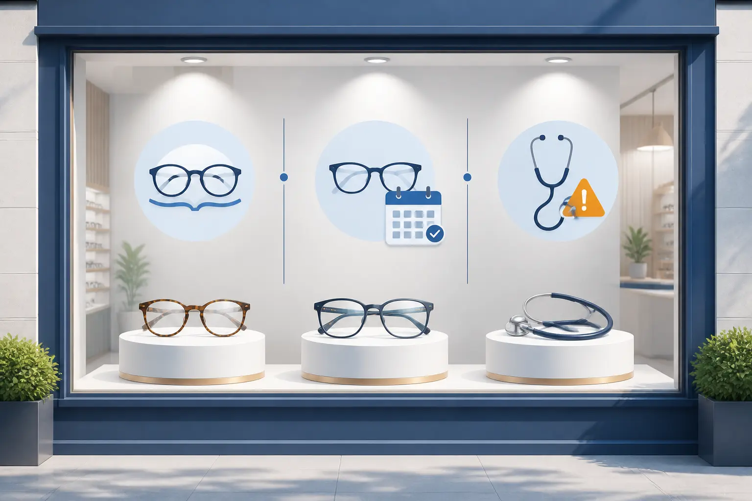 Loi Macron lunettes sans ordonnance : vitrine d’opticien avec lunettes de lecture, monture prescrite et stéthoscope.