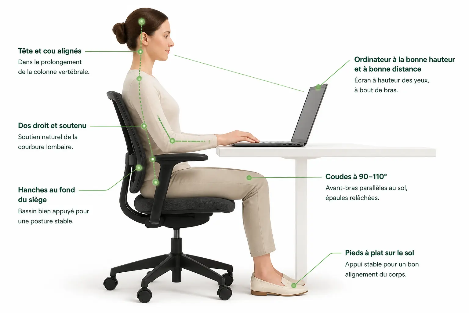 Position recommandée pour travailler sur un ordinateur portable : posture assise droite, pieds à plat, coudes à 90°.
