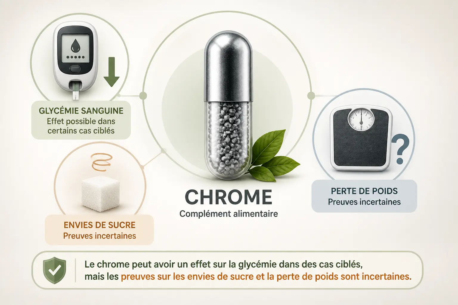 Chrome en complement alimentaire : capsule, glycémie en baisse, fringales et poids incertains.