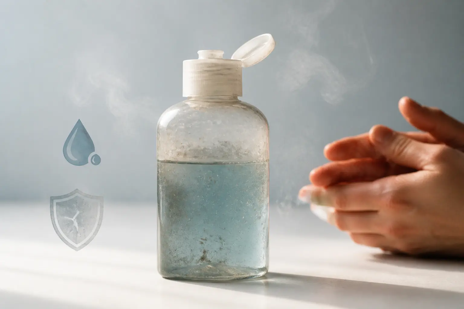 Gel hydroalcoolique périmé en bouteille légèrement ouverte, avec mains propres et icônes de fiabilité réduite.