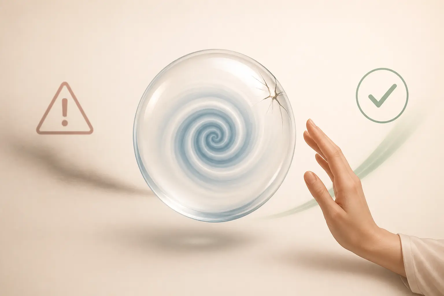 Hypnose ericksonienne danger : spirale protégée par une bulle, fissure stoppée et main rassurante.