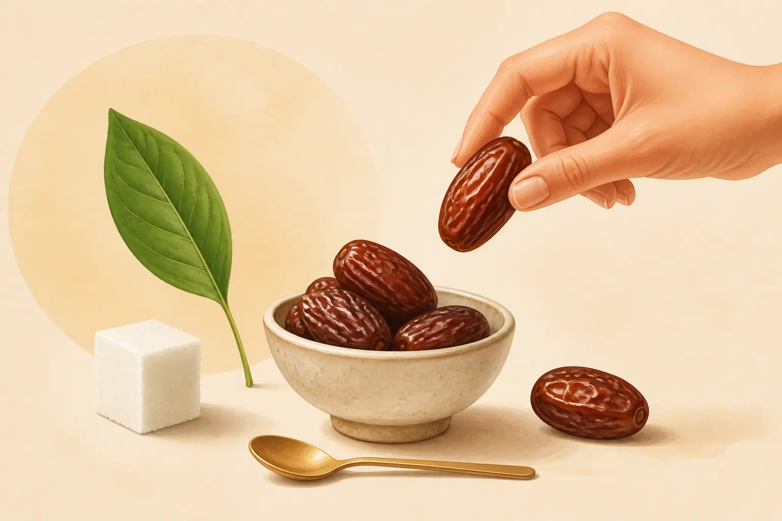 Petit bol de dattes, quelques dattes éparses et une cuillère, avec sucre et feuille, sur les dattes font elles grossir