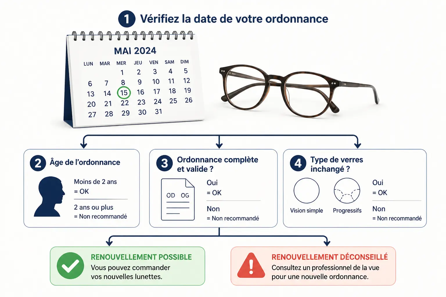 Loi Macron lunettes sans ordonnance : schéma des conditions pour renouveler ses lunettes avec ancienne prescription