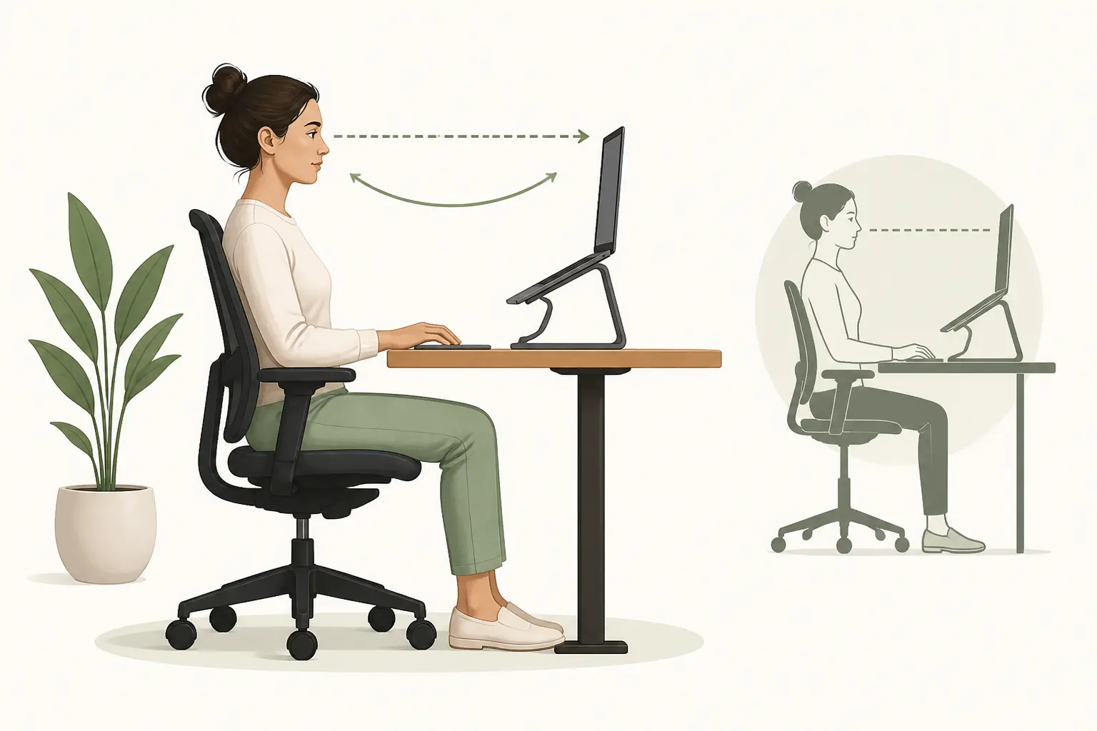 Quelle est la position recommandée pour travailler sur un ordinateur portable ? Écran à hauteur des yeux, dos droit.