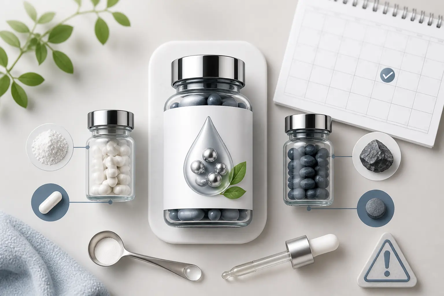 Comparatif de chrome en complement alimentaire avec flacon, capsules, doseur, calendrier et symbole de précaution.
