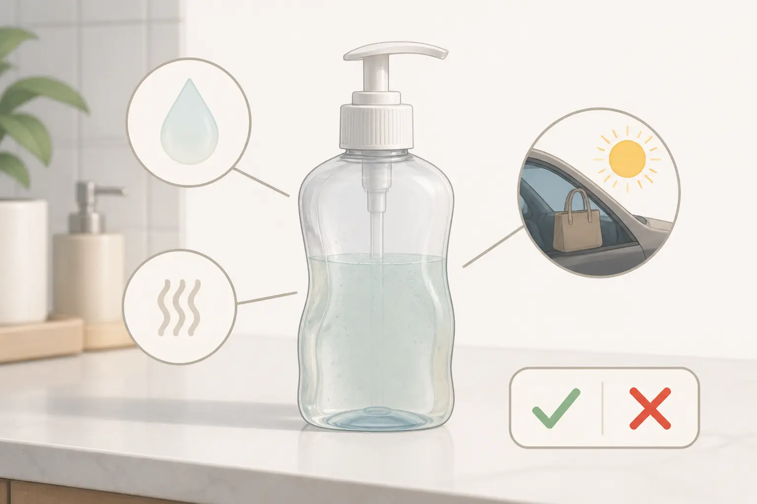 Gel hydroalcoolique périmé sur un comptoir, avec flacon déformé, liquide pâli et signe de chaleur.