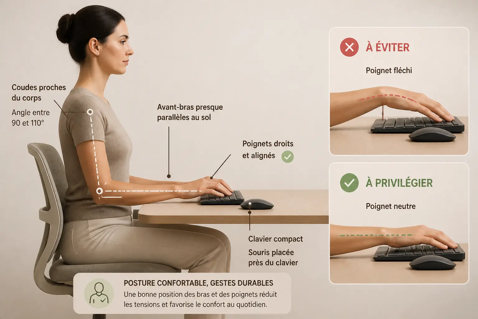 Quelle est la position recommandée pour travailler sur un ordinateur portable ? Bras et poignets alignés, souris proche.