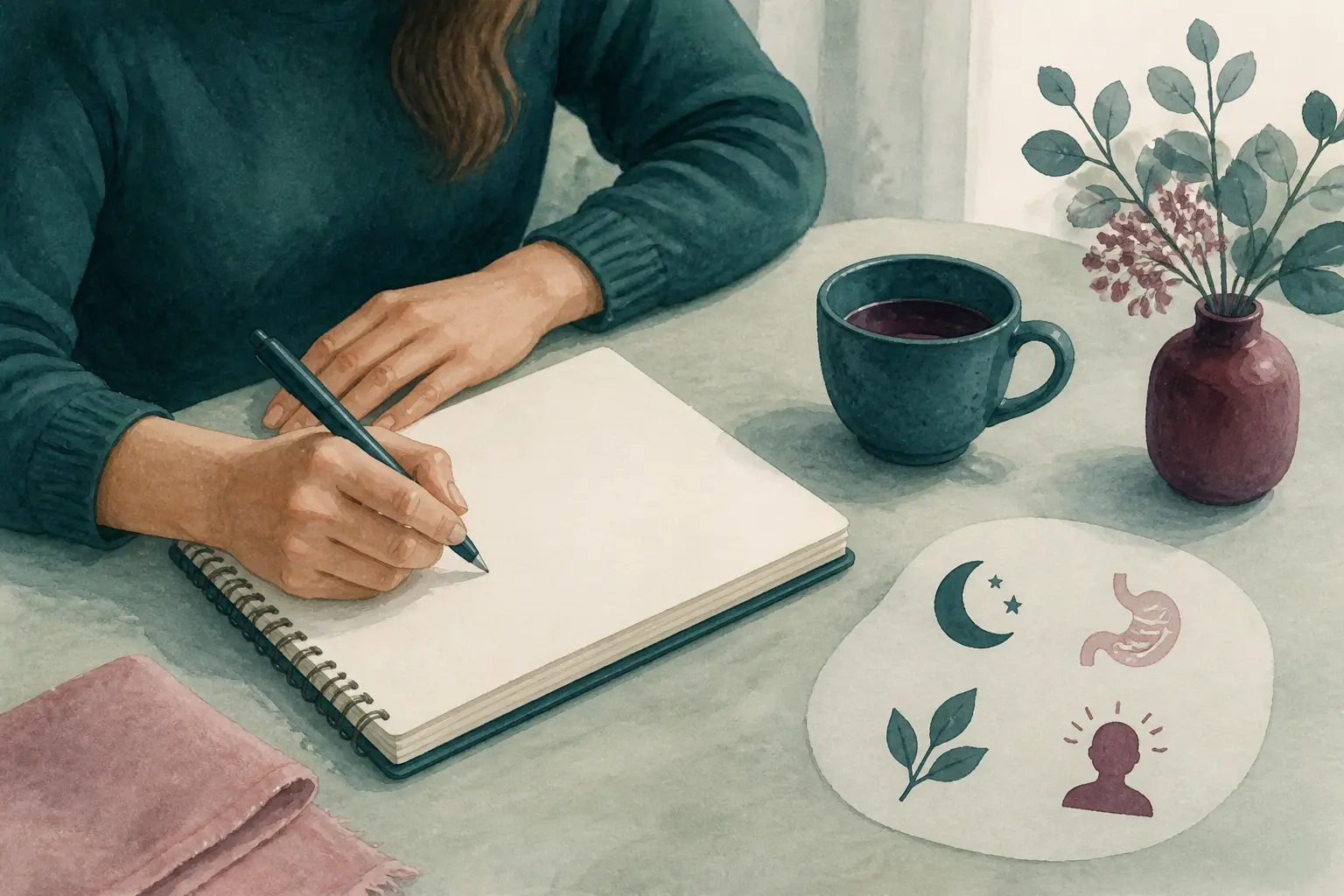 6 conseils avant de consulter un naturopathe : personne notant ses objectifs santé dans un carnet, thé et icônes douces.
