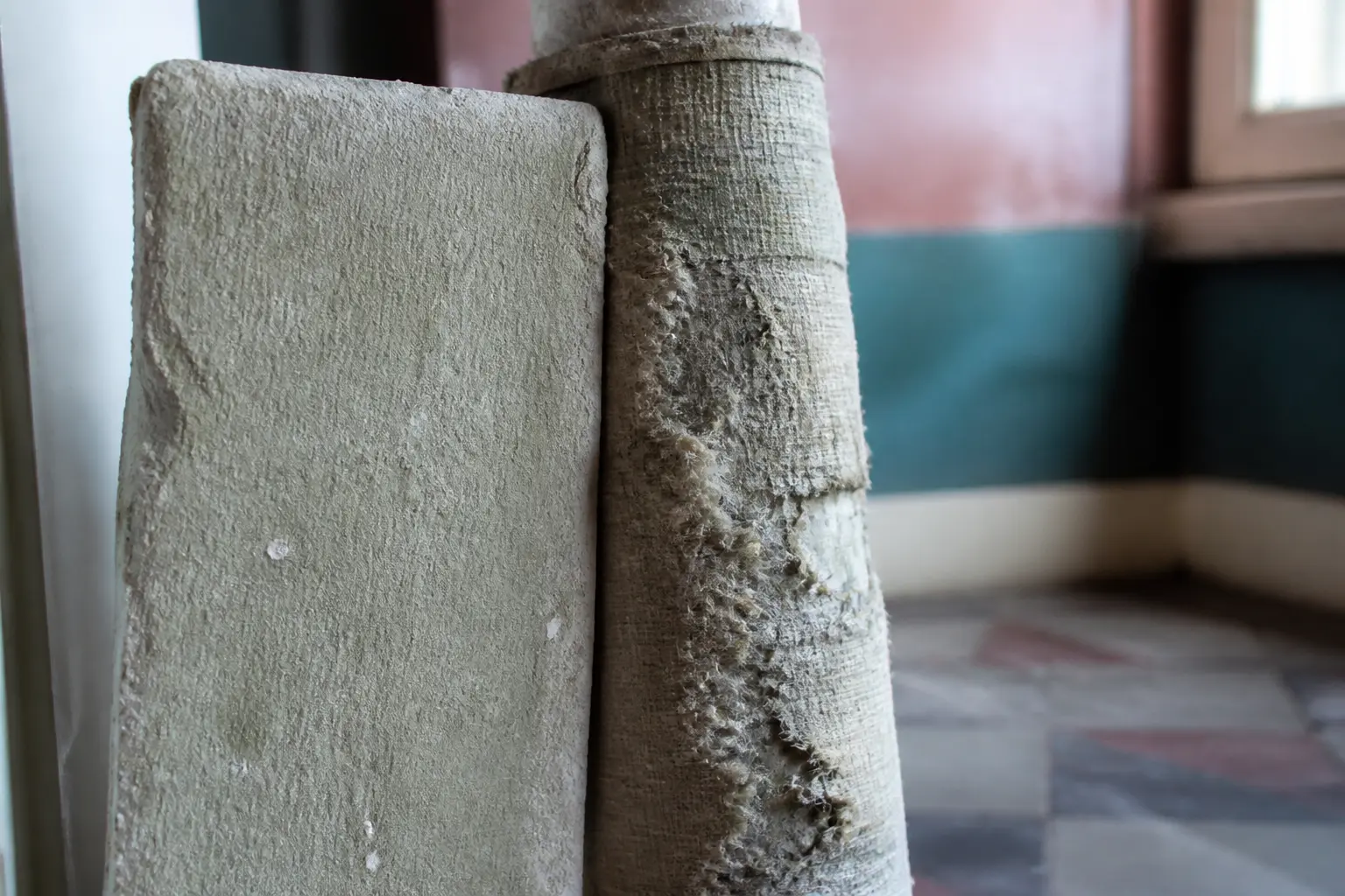 a quoi ressemble l'amiante : gros plan d’un vieux panneau cimenté et d’un calorifuge usé dans un angle de maison ancienne, texture ambiguë sous lumière froide