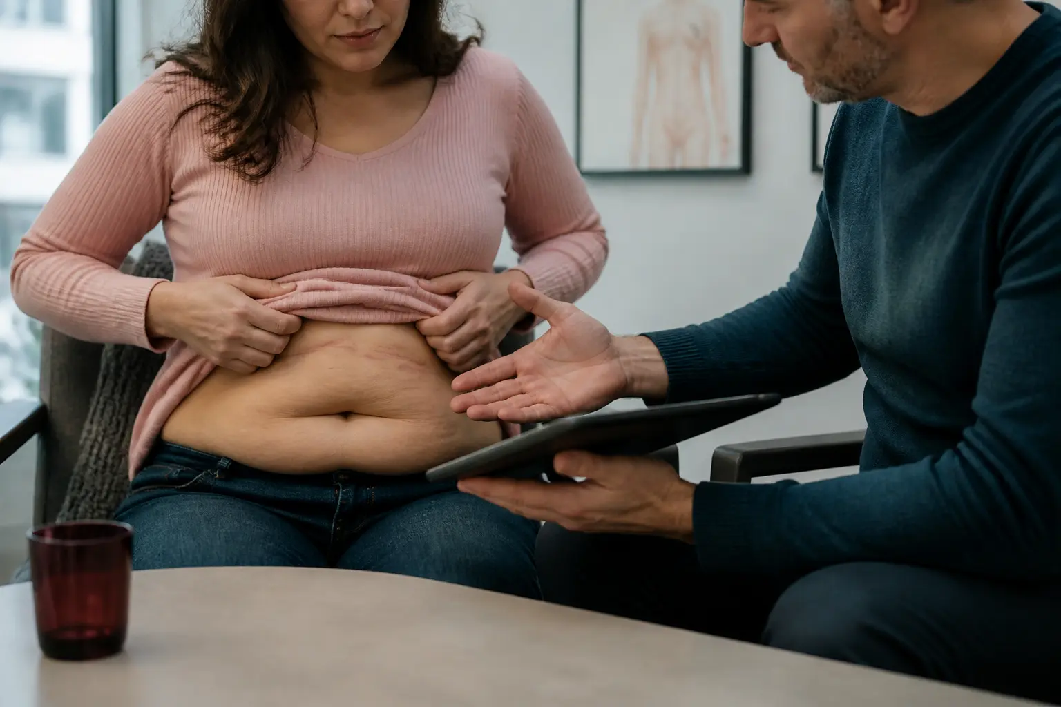 Consultation médicale sur l’abdominoplastie prise en charge, chirurgien expliquant le ventre du patient en cabinet privé lumineux
