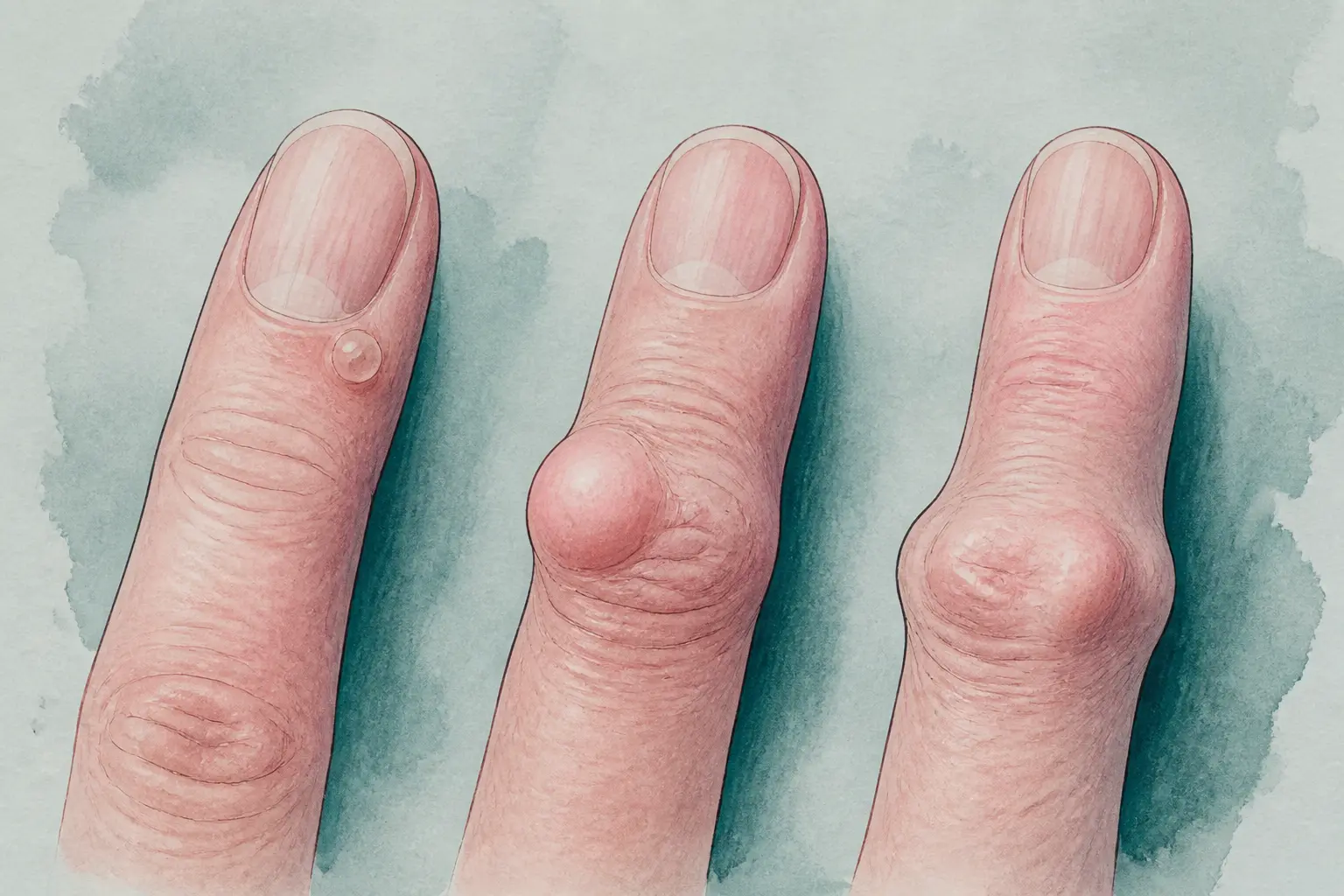 Illustration médicale de boules sur les phalanges des doigts : trois doigts avec petites bosses et nodules visibles.