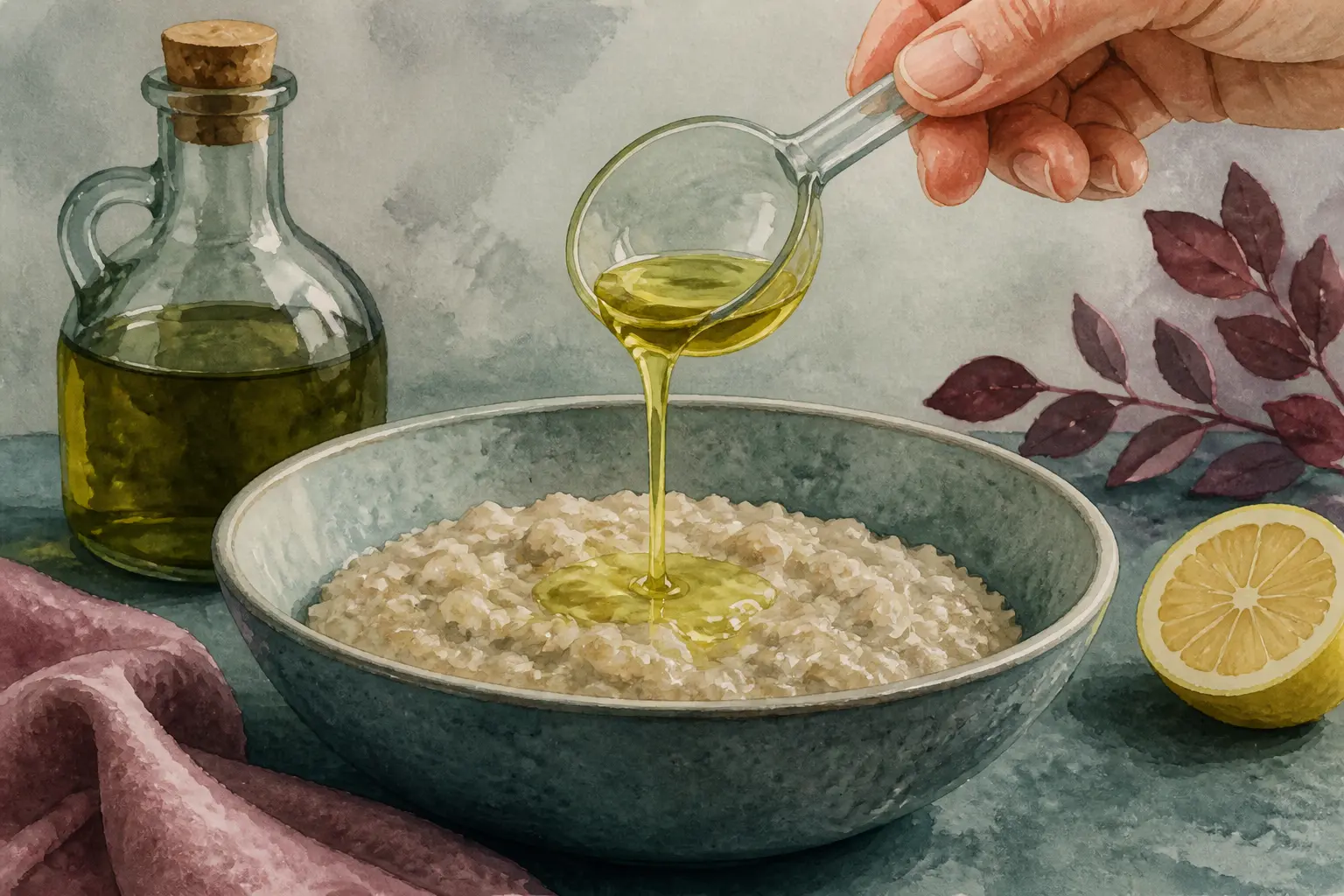 Constipation et huile d olive : filet d’huile sur un bol, citron et bouteille sur table douce, tons verts et bordeaux.