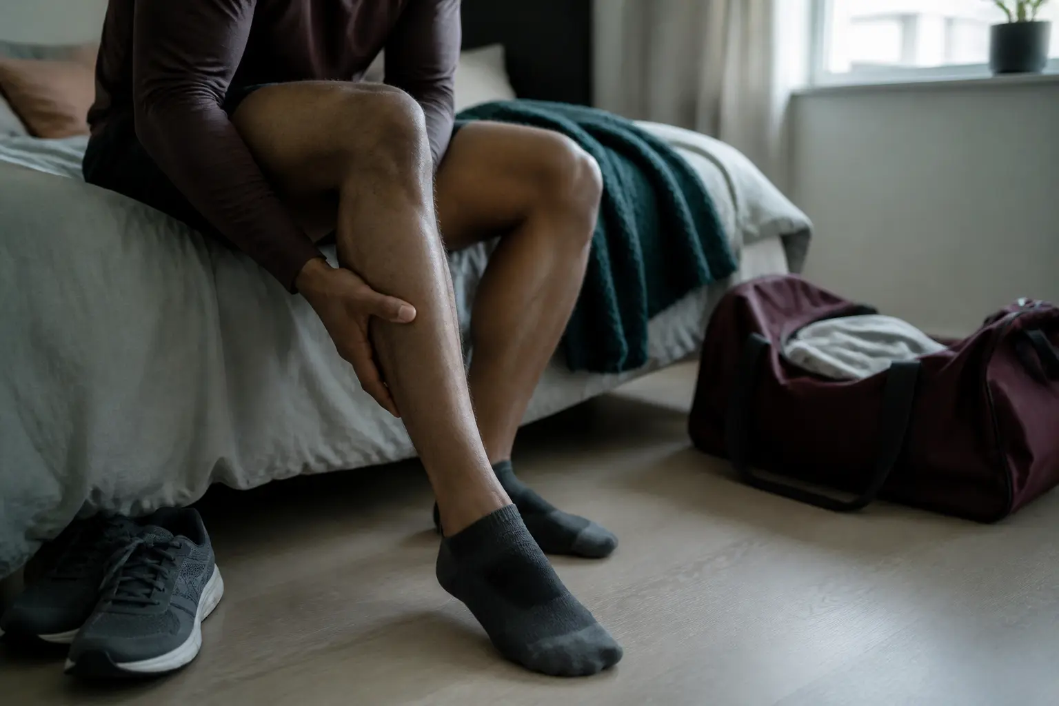 Courbature sans fievre : personne assise sur un lit, massant son mollet après l’effort, chambre sobre au matin.