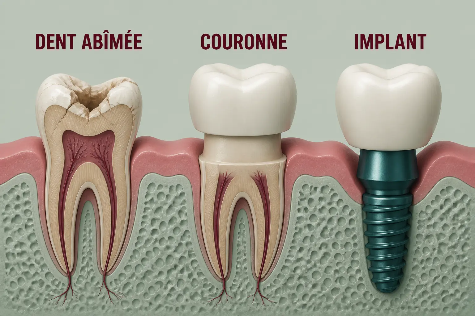 Couronne dentaire zircone : dent abîmée, dent préparée avec couronne et implant avec couronne, en coupe comparative.