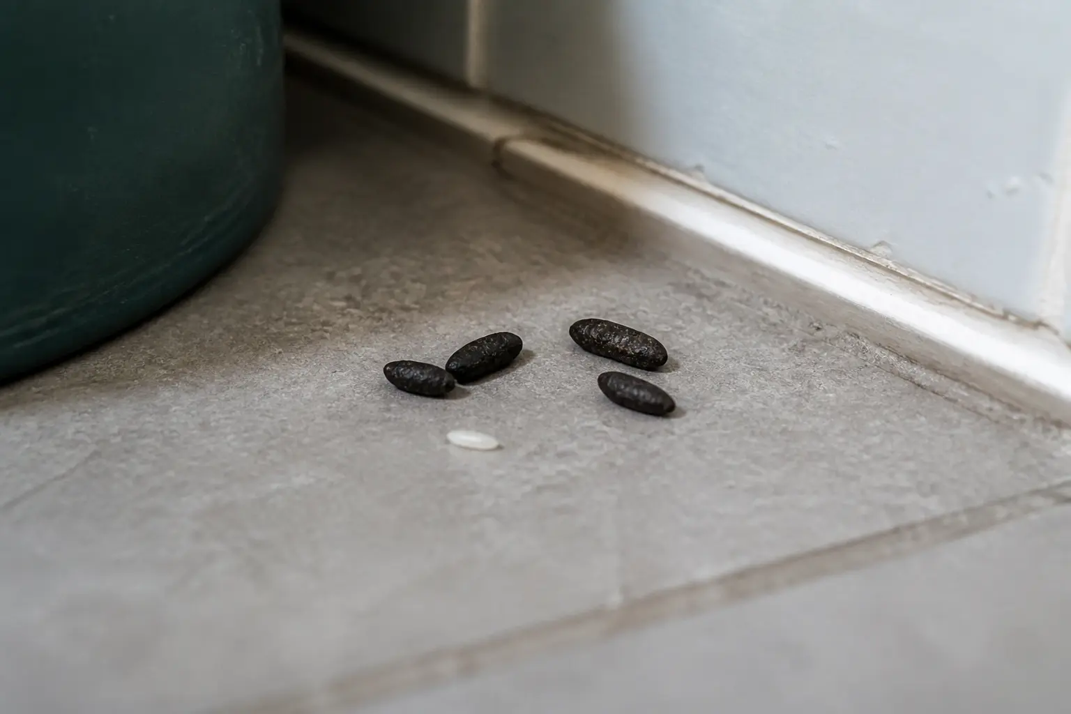 Crottes de mulot sur un sol de cuisine, avec un grain de riz pour comparer leur petite taille.