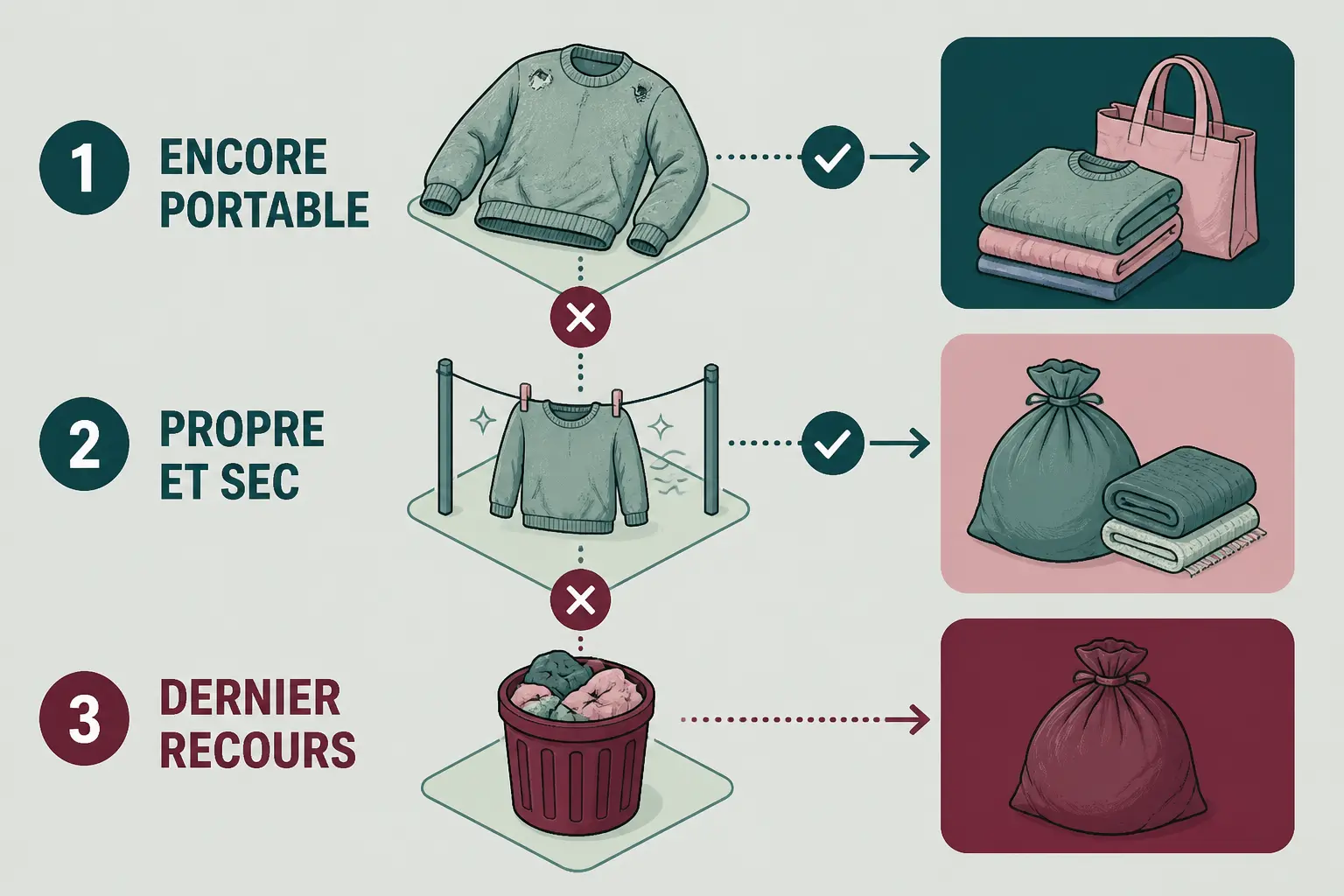 Infographie sur dans quelle poubelle jeter les vêtements usagés : tri vers encore portable, propre et sec, dernier recours.