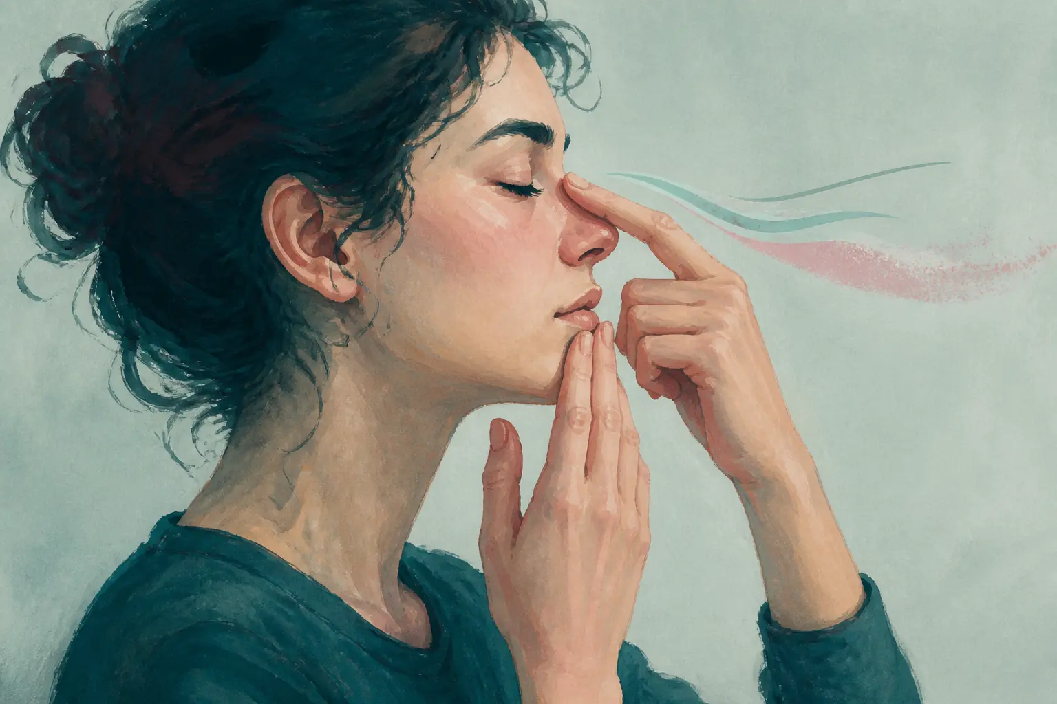 Illustration d’une personne essayant de déboucher son nez en 19 secondes par une pression douce sur le visage, en profil.