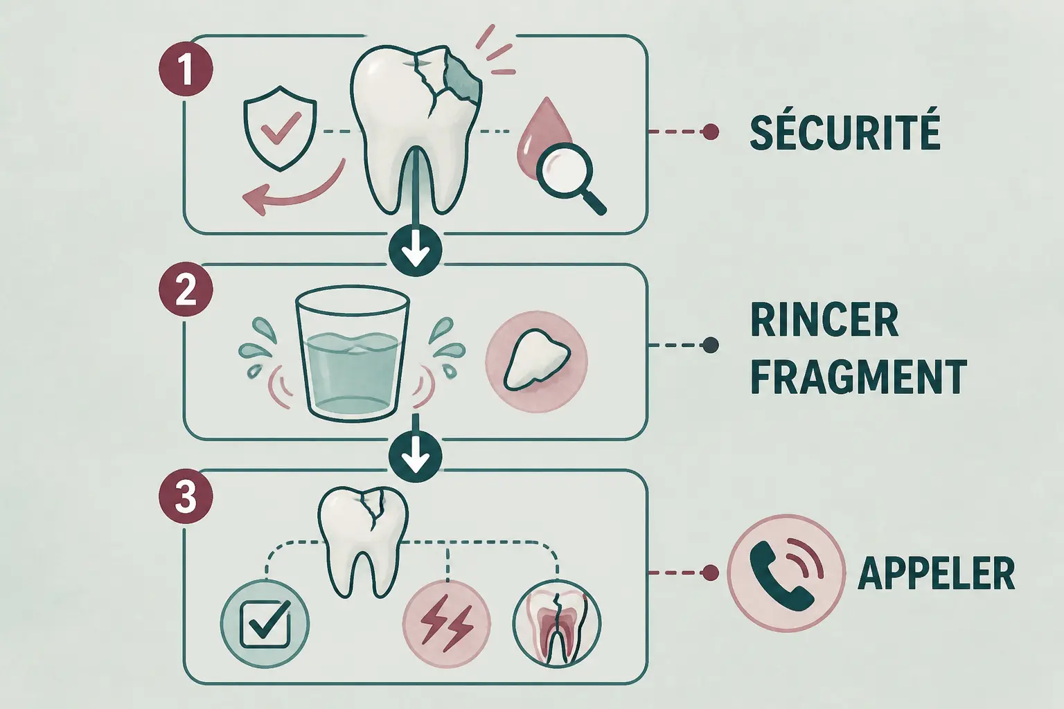 Dent cassée : que faire en attendant le dentiste, schéma en 3 étapes : sécurité, rincer, fragment, appeler.