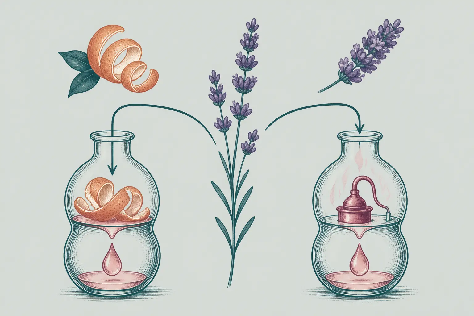 Essence de lavande : schéma botanique comparant extraction mécanique des agrumes et distillation des fleurs de lavande.
