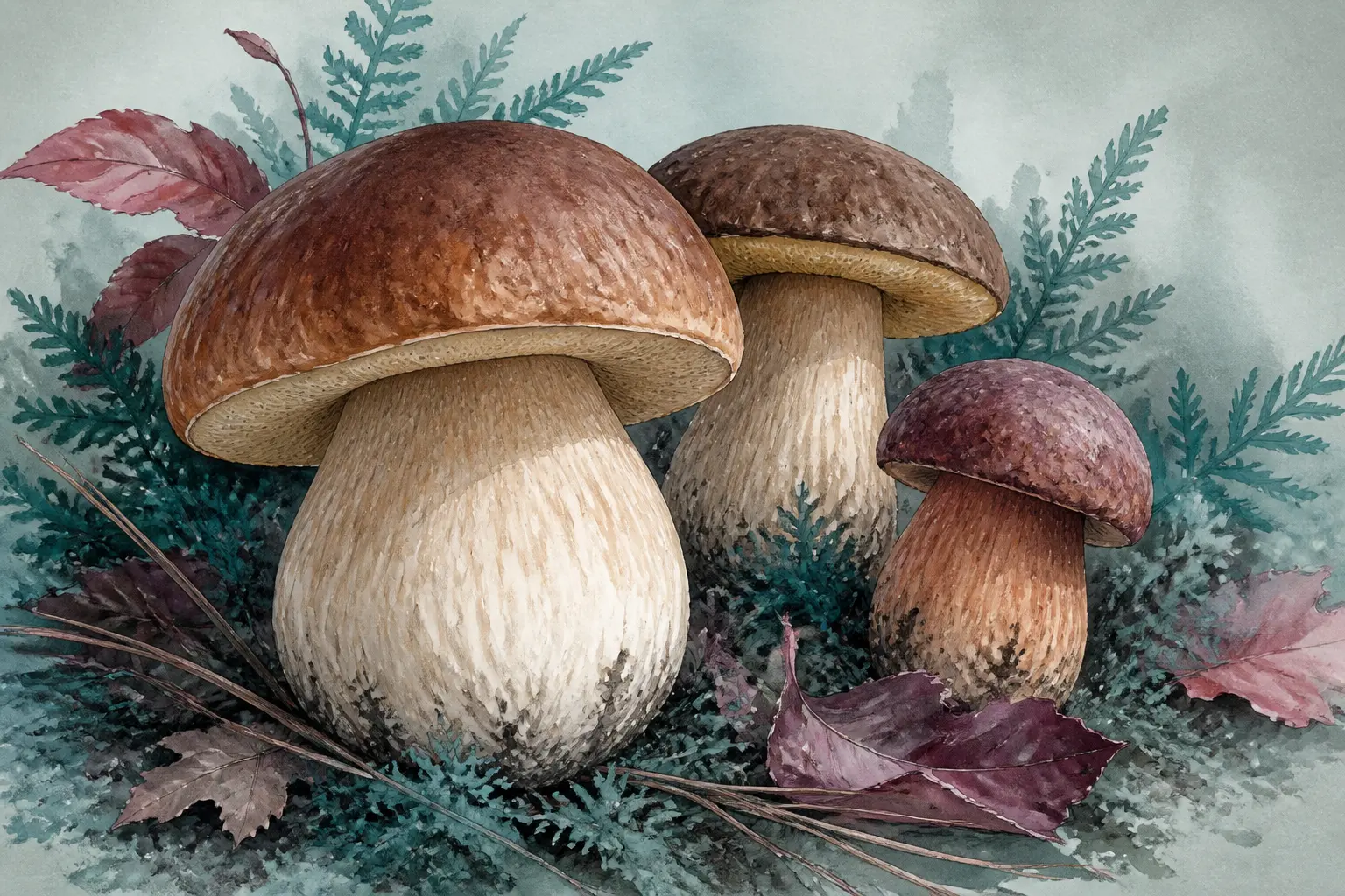 Cèpe, bolet et faux cepes illustrés en aquarelle, trois champignons forestiers sur mousse et feuilles mortes.