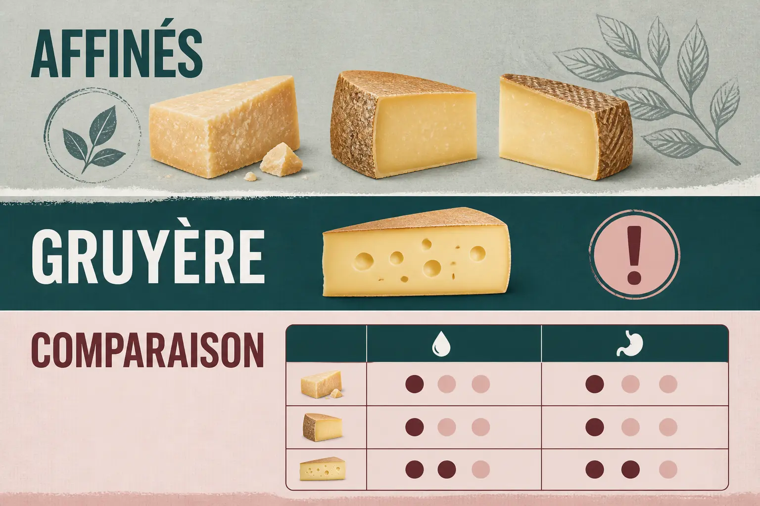Infographie comparative sur la fromage sans lactose liste : affinés, gruyère et tableau des fromages les plus digestes.