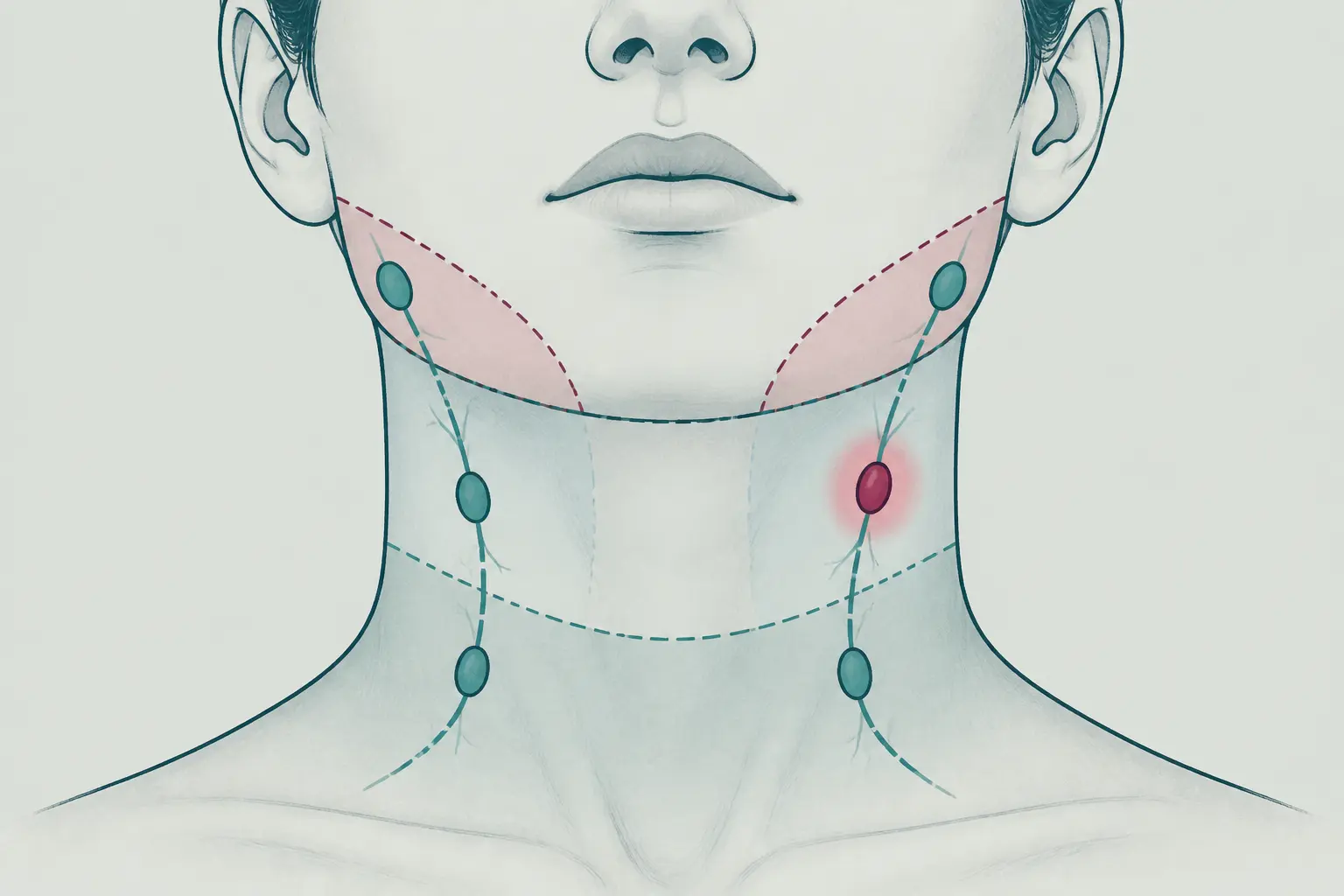 Schéma du ganglion cervical : repères autour de la mâchoire et du cou, avec un ganglion mis en évidence.