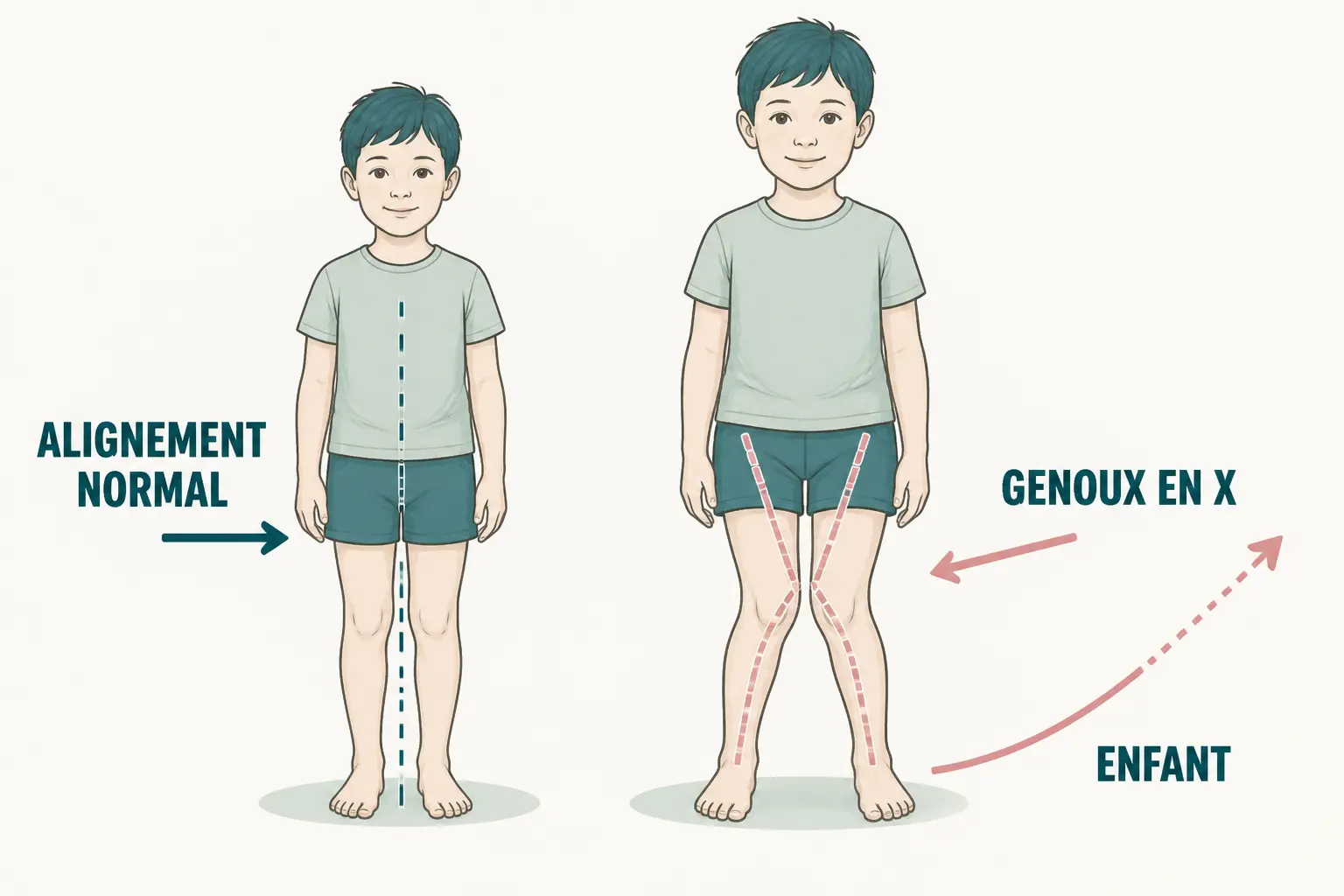 Schéma médical du genu valgum chez l’enfant, comparaison avec alignement normal, genoux en X et chevilles écartées.