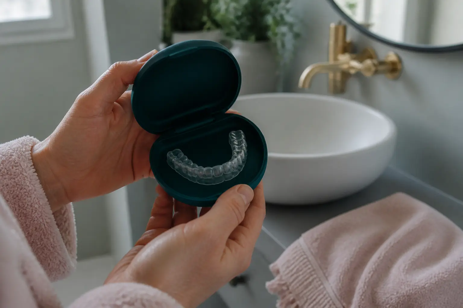 Gouttière bruxisme danger : mains tenant un étui de gouttière dentaire près d’un lavabo dans une salle de bain calme