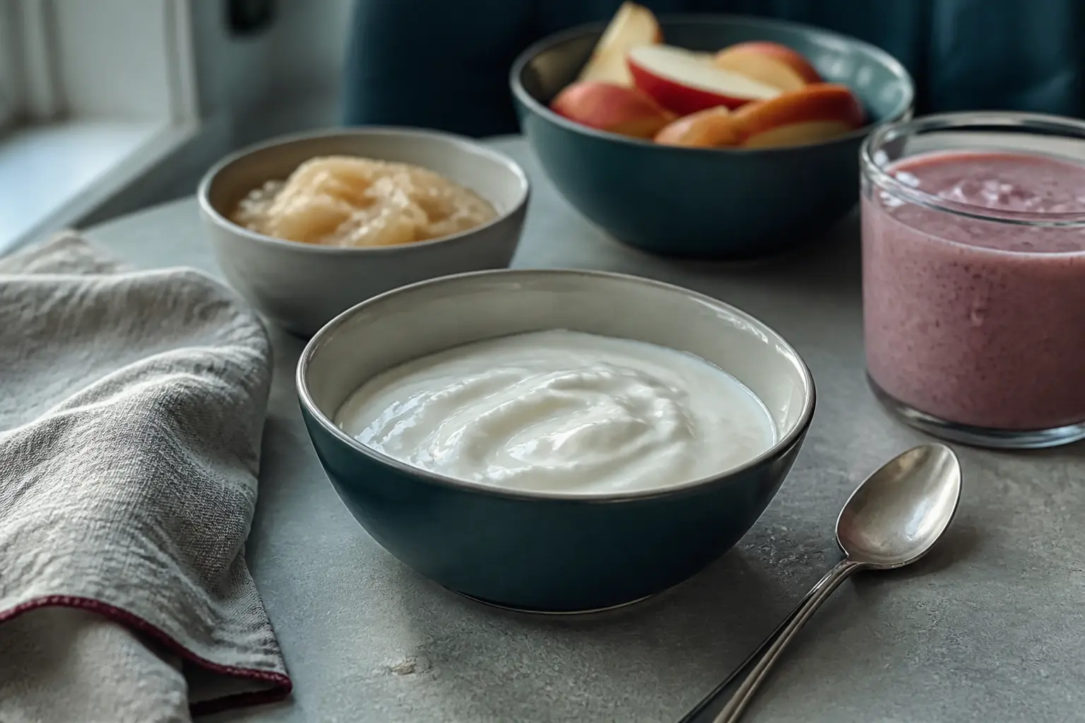 Idée repas après extraction dents sagesse : bol de yaourt froid, compote et smoothie sur une table de cuisine lumineuse