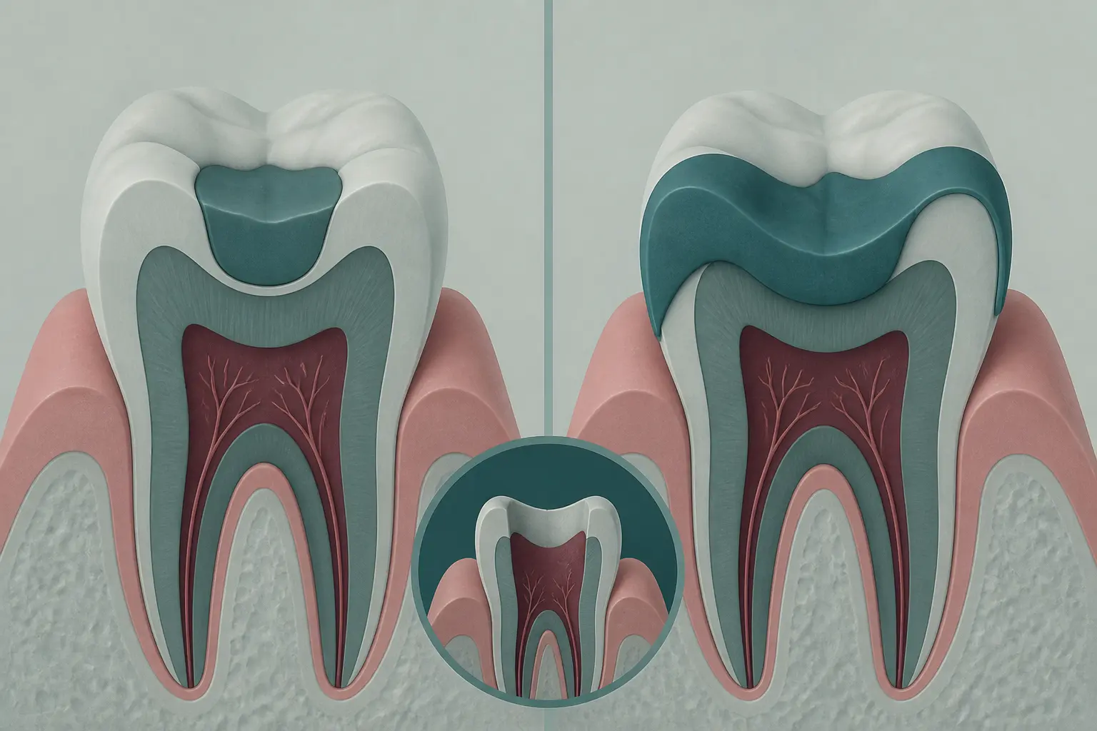 Schéma dentaire comparatif inlay onlay : inlay dans une cavité, onlay recouvrant les cuspides d’une molaire.