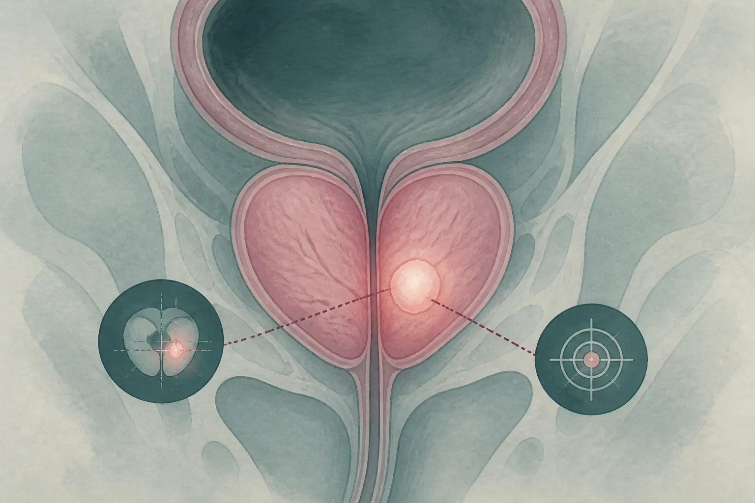 IRM pour prostate : coupe anatomique stylisée du bassin avec zone suspecte mise en évidence et guidage du bilan médical