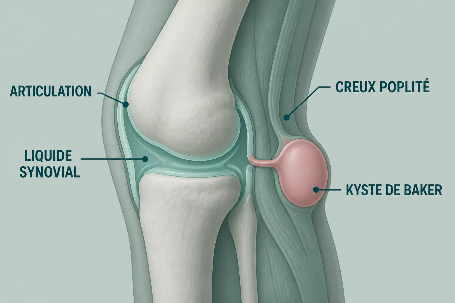 Schéma anatomique du kyste poplité genou : poche de liquide synovial derrière le genou, reliée à l’articulation.