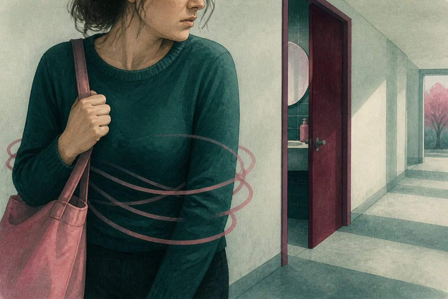 Personne tendue devant une porte de toilettes entrouverte, illustrant la laxophobie et la peur de sortir de chez soi