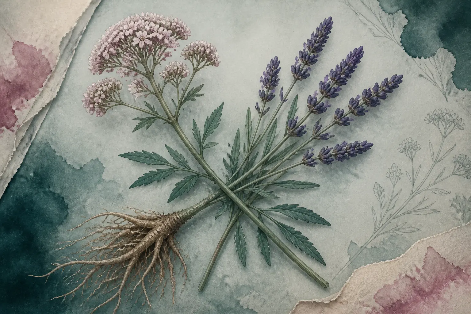 Illustration botanique de valériane et lavande, évoquant le plus vieux somnifère naturel du monde, sur fond herbier.