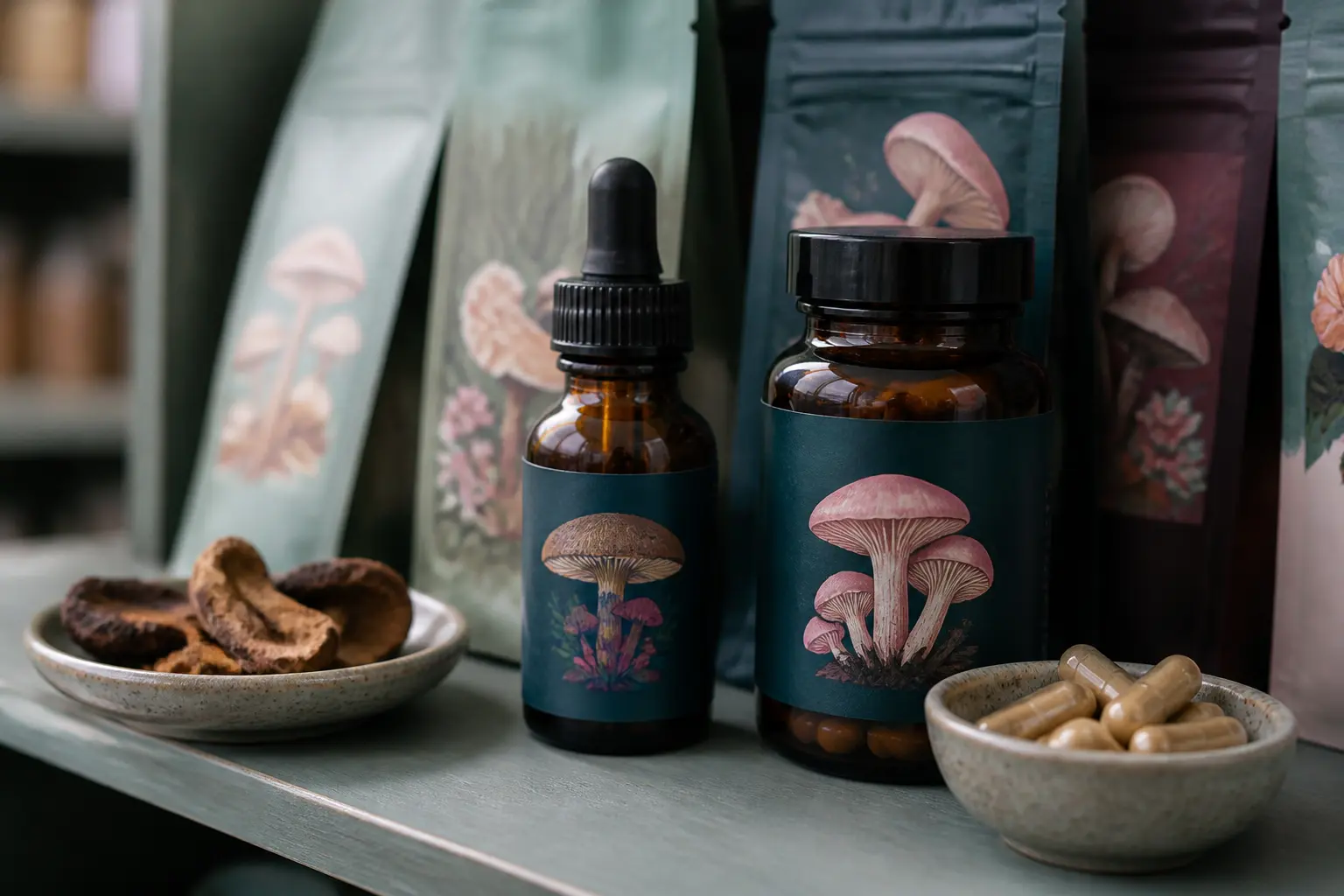 Lignosus danger : étagère d’apothicaire avec compléments aux champignons, poudre, gélules et flacon ambré.