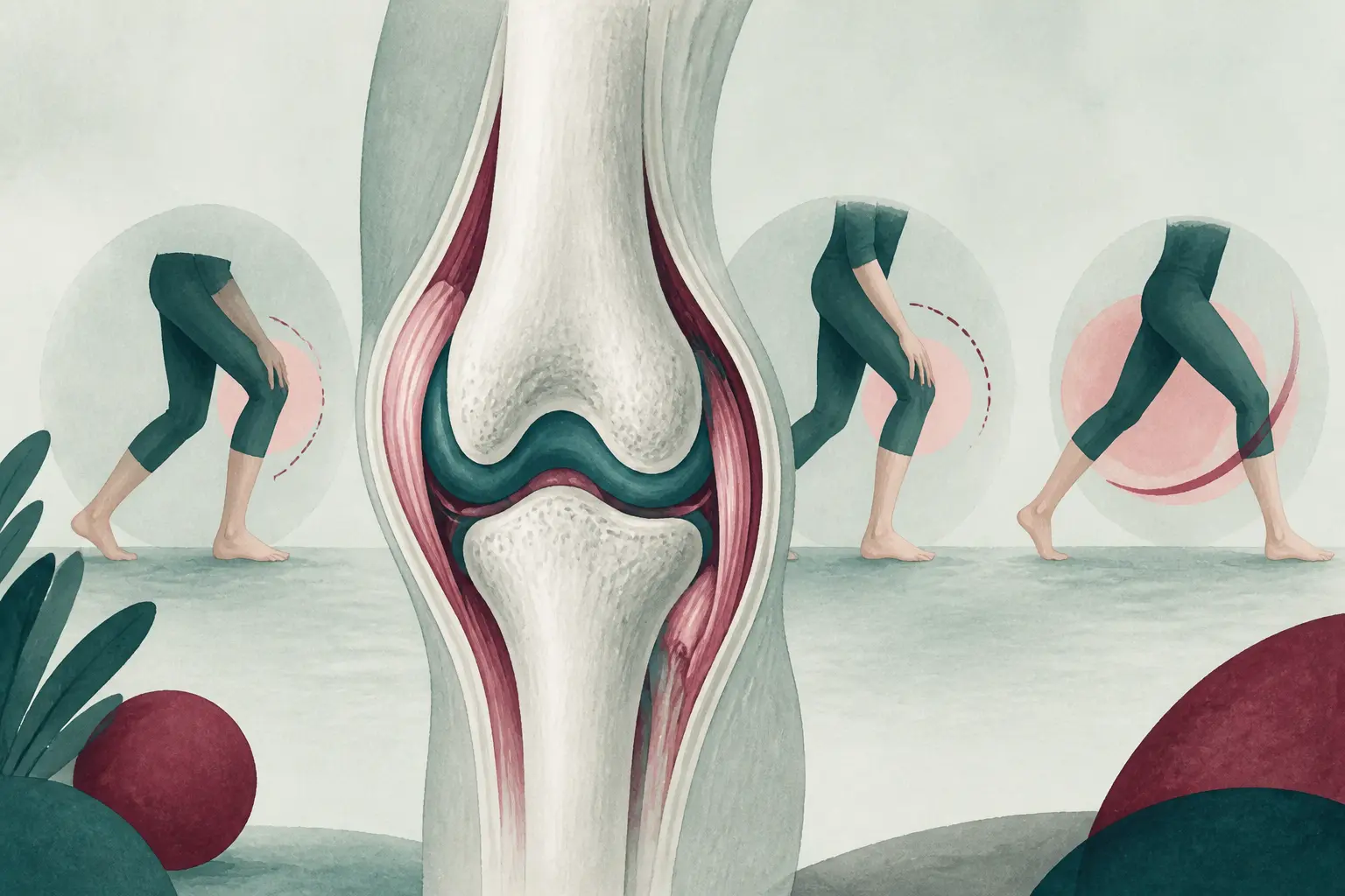 Illustration du mouvement interdit prothèse de genou : trois étapes de flexion, prudence puis mobilité contrôlée.