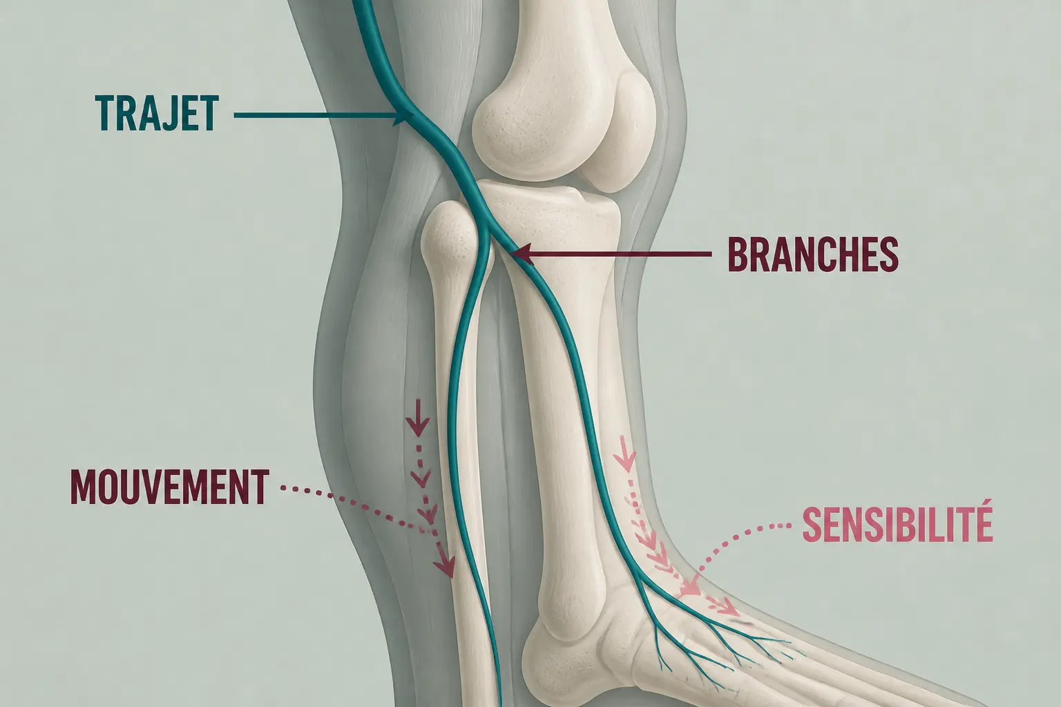 Schéma du nerf fibulaire commun au genou externe, trajet et branches vers le pied, avec tibia et fibula.