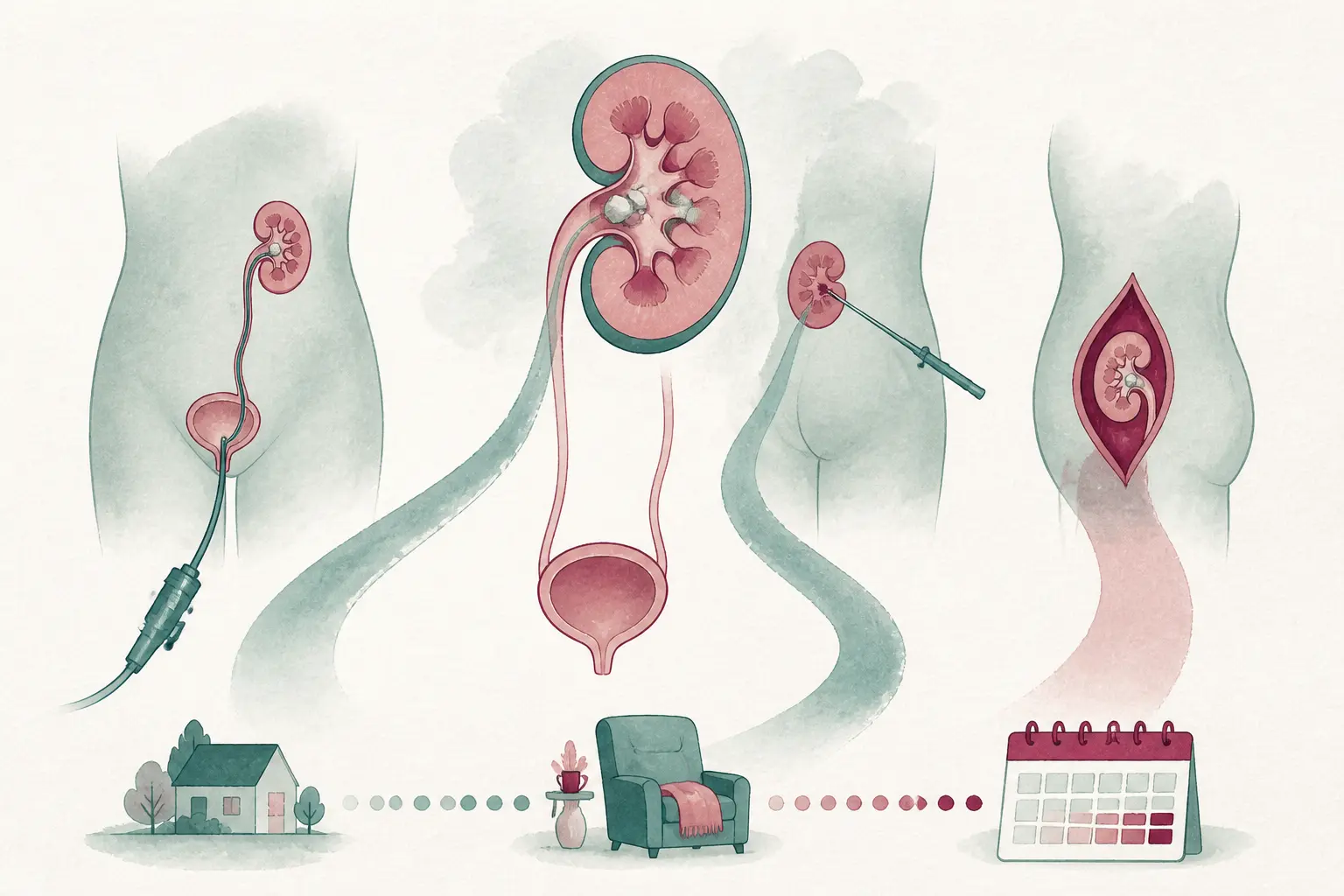 Illustration de l’opération calcul rénal convalescence : trois voies chirurgicales et récupération du rein, style éditorial.