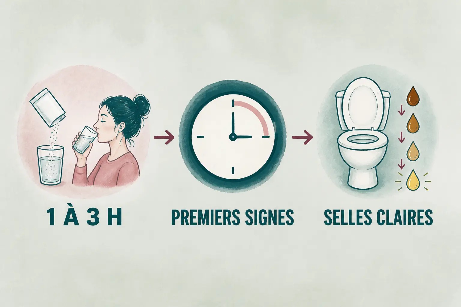 Picoprep fait effet au bout de combien de temps : schéma en 3 étapes, 1 à 3 h, premiers signes, selles claires.