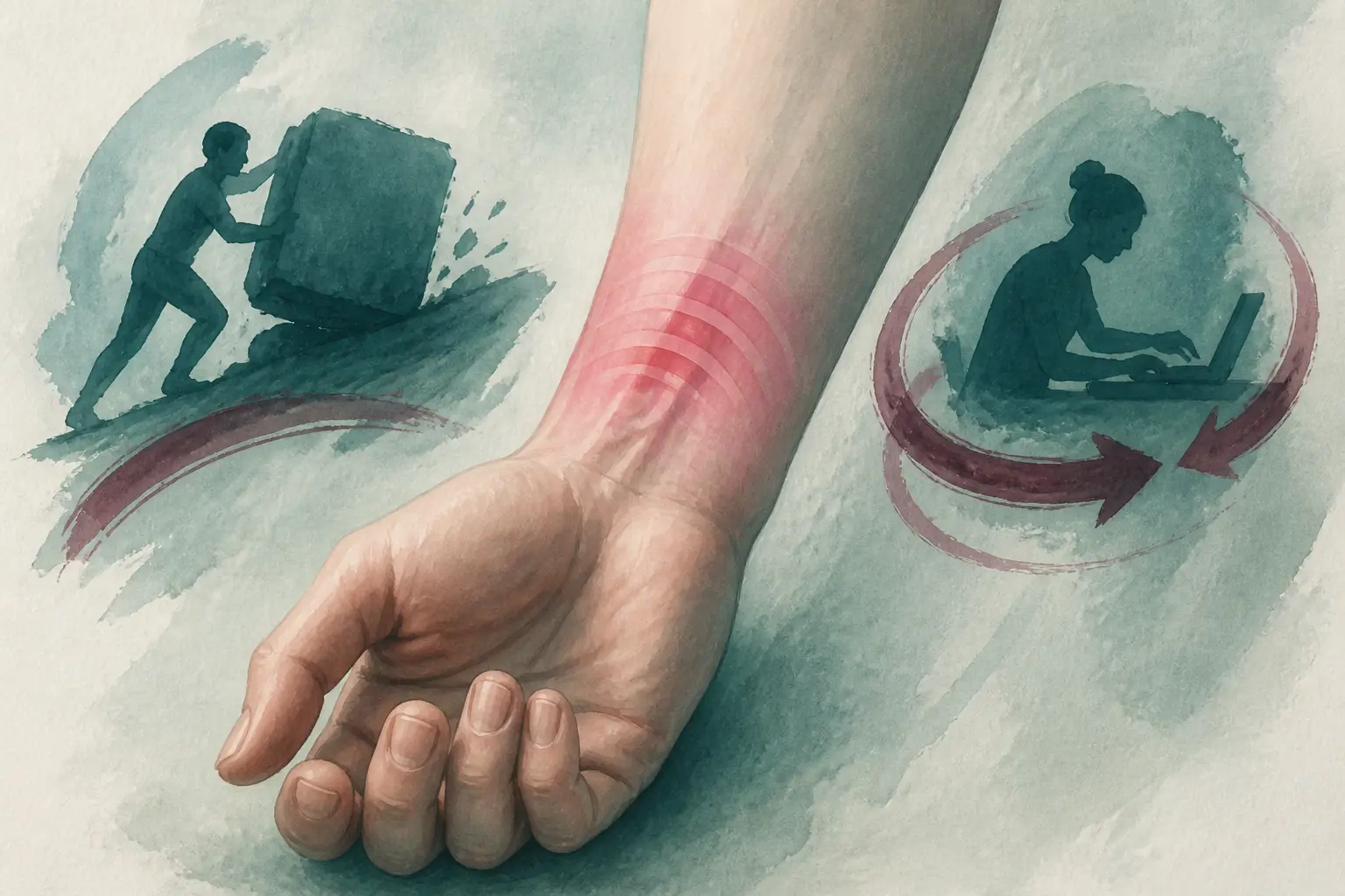 Illustration d’avant-bras et poignet avec tendon irrité, évoquant la pommade miracle tendinites et l’effort répété