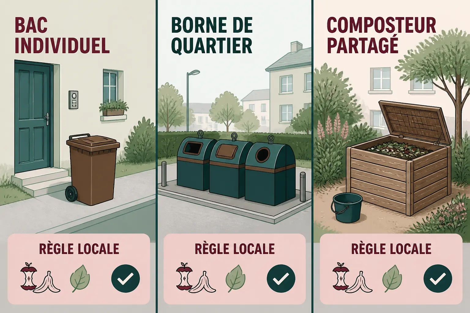 Poubelle marron en trois usages locaux : bac individuel, borne de quartier et composteur partagé avec consigne locale.