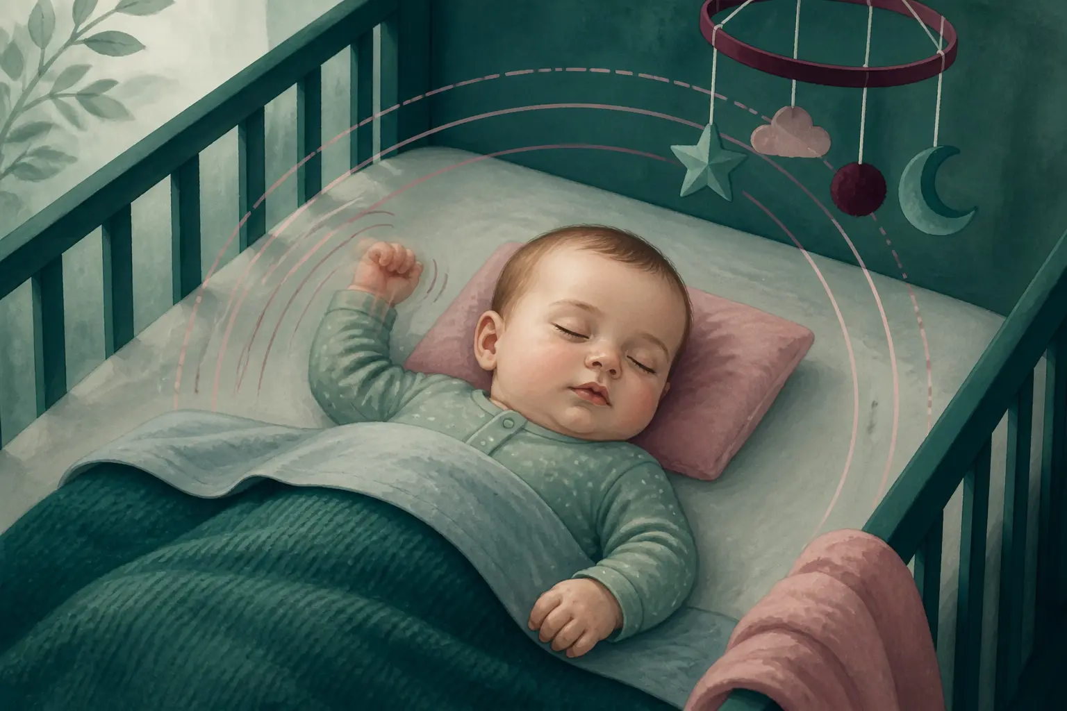 Bébé de 4 mois dormant dans un berceau, avec arcs de cycles de sommeil, illustrant la regression sommeil 4 mois.