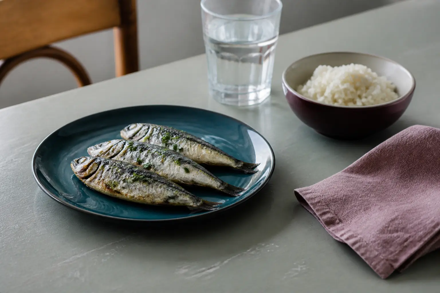 Sardines et diverticules : assiette de sardines simples, eau et bol de plat neutre sur table de cuisine claire.