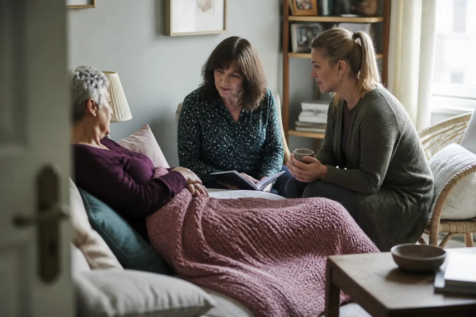 Soin palliatif domicile : patient au salon, proche et infirmière palliative échangent calmement sur le confort.