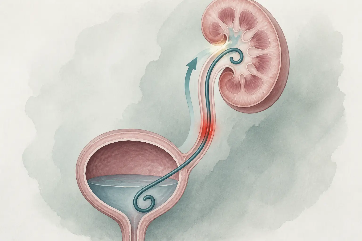 Sonde JJ douleur insupportable : schéma du rein, uretère et vessie avec stent, reflux urinaire et irritation.